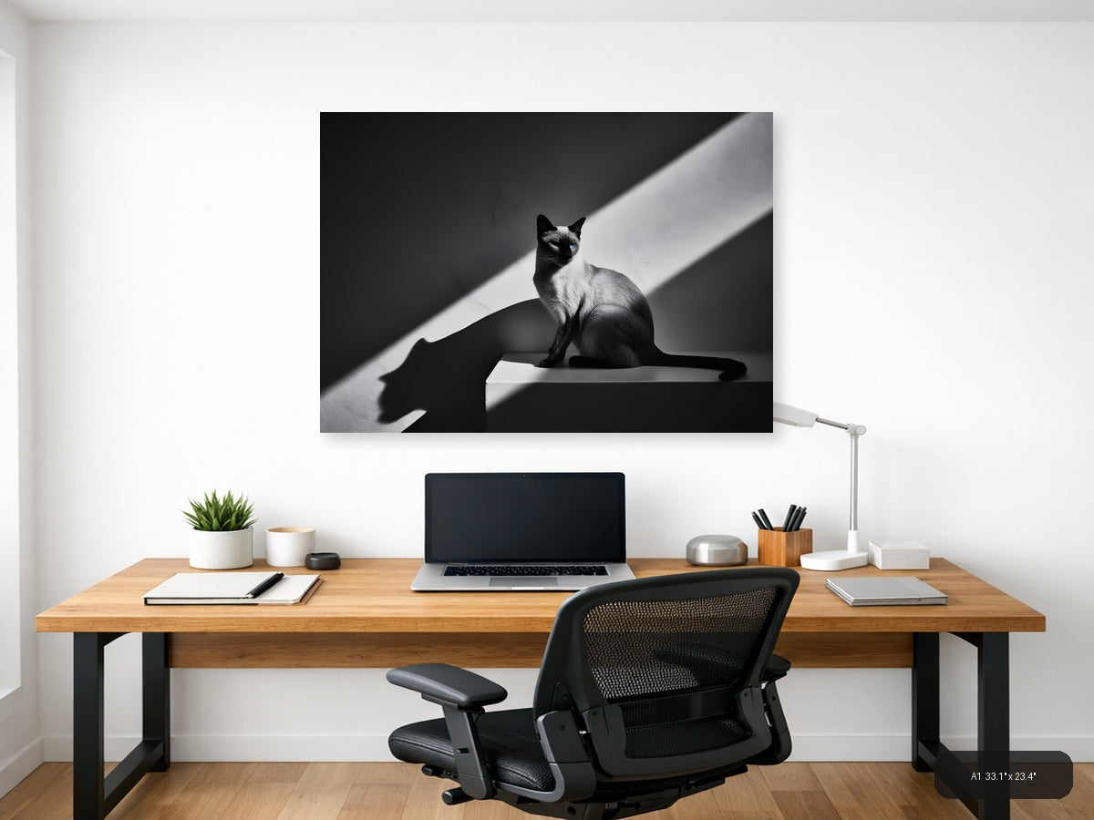 Siamese Cat in Sunlight - Black White Photography Wall Art — A1 / Office