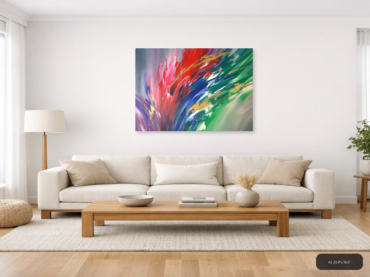 Vibrant Abstract Explosion: Pink, Red & Green Wall Art — A2 / Living Room