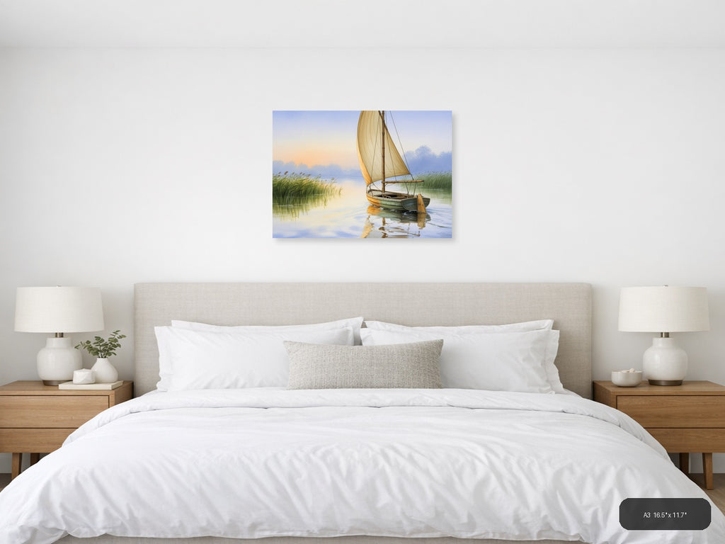 Boat — Watercolor (Landscape) Canvas Print | Watercolor Wall Art | A4 A3 A2 A1 — A3 / Bedroom