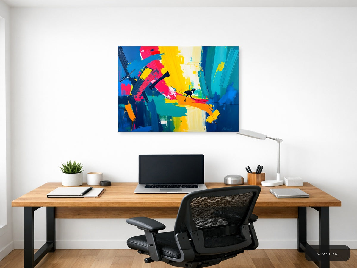 Colorful Abstract Bird on Rainbow Brushstrokes Wall Art — A2 / Office