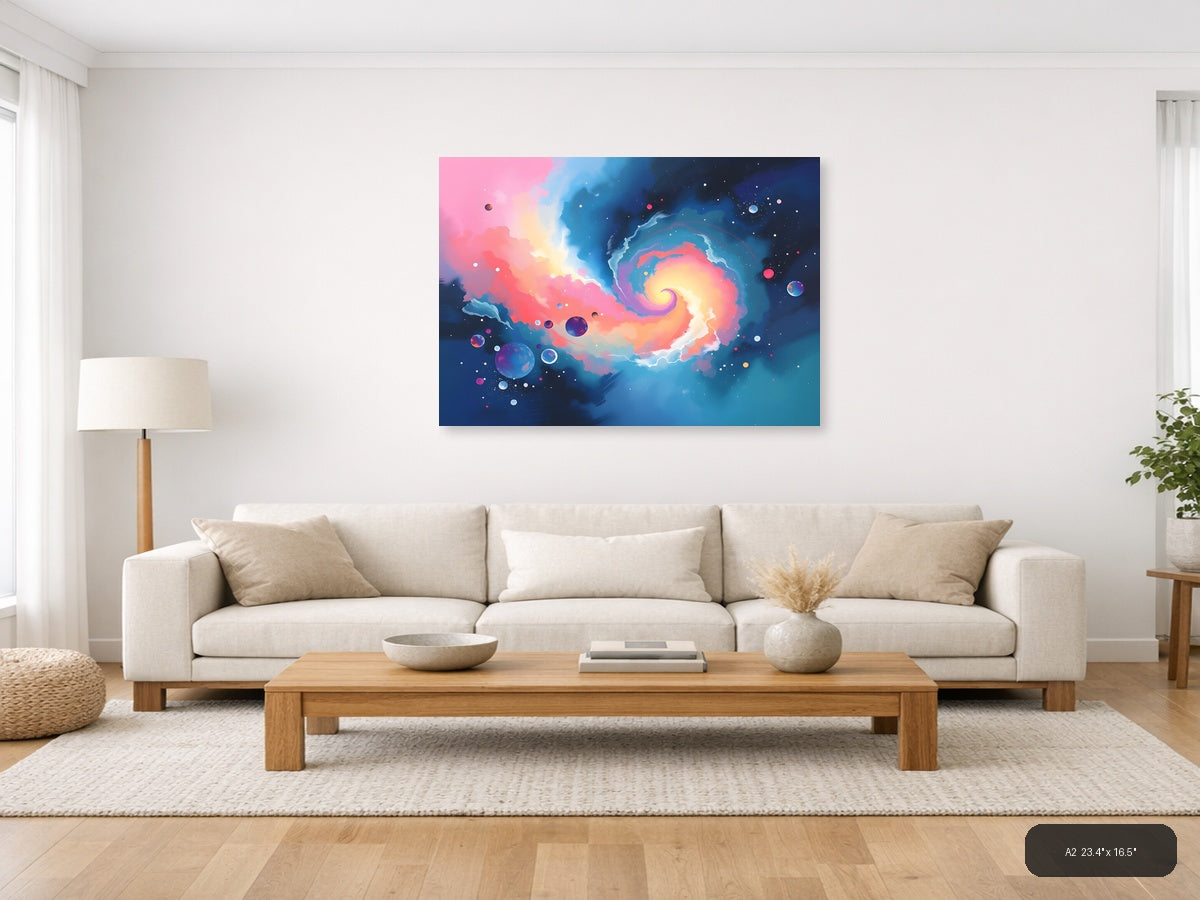 Cosmic Spiral Galaxy Abstract Pink Blue Wall Art — A2 / Living Room