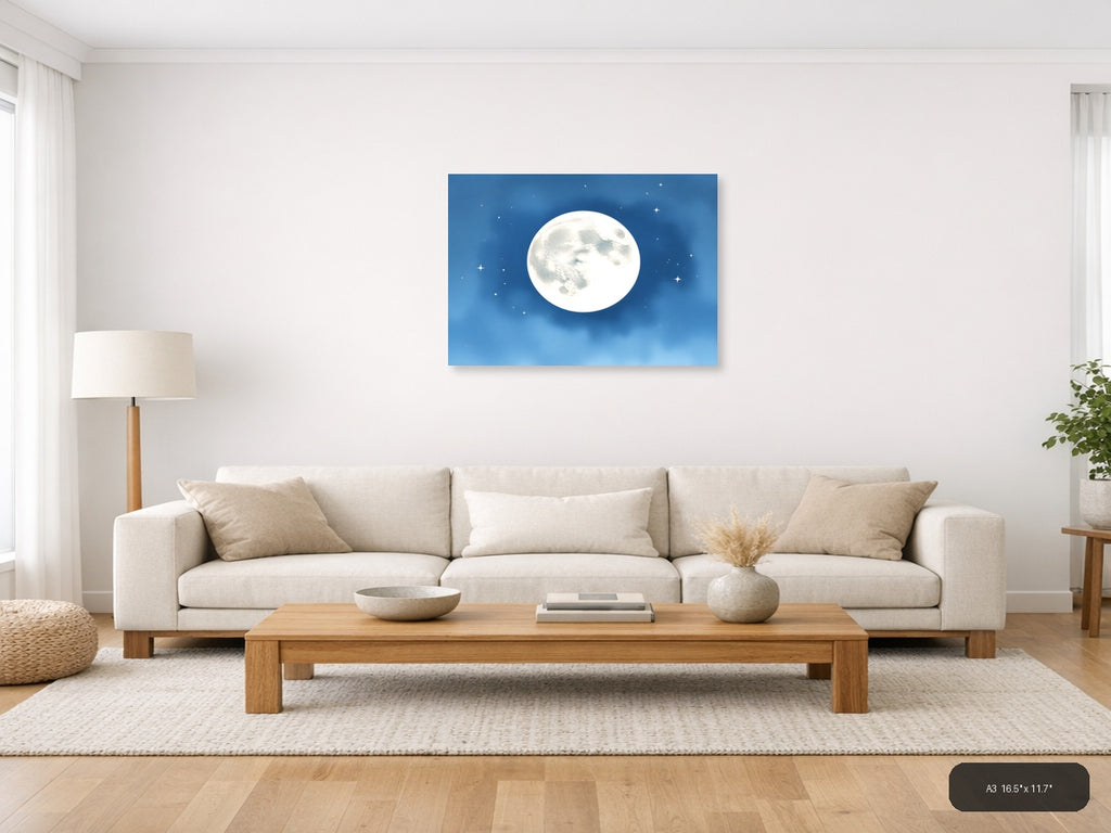 Full Moon Night Sky Watercolor Wall Art — A3 / Living Room