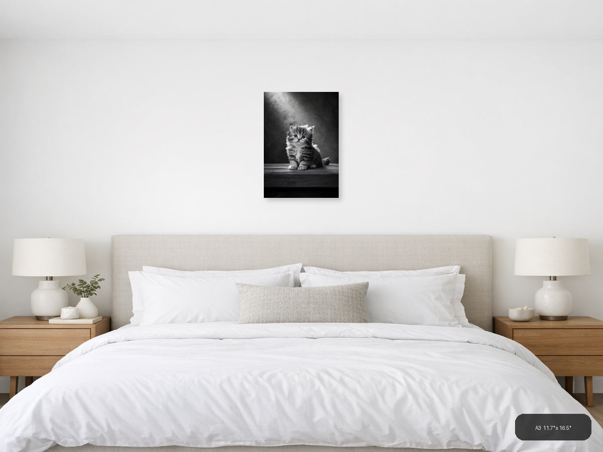 Fluffy Kitten Portrait Black and White Photography Wall Art — A3 / Bedroom