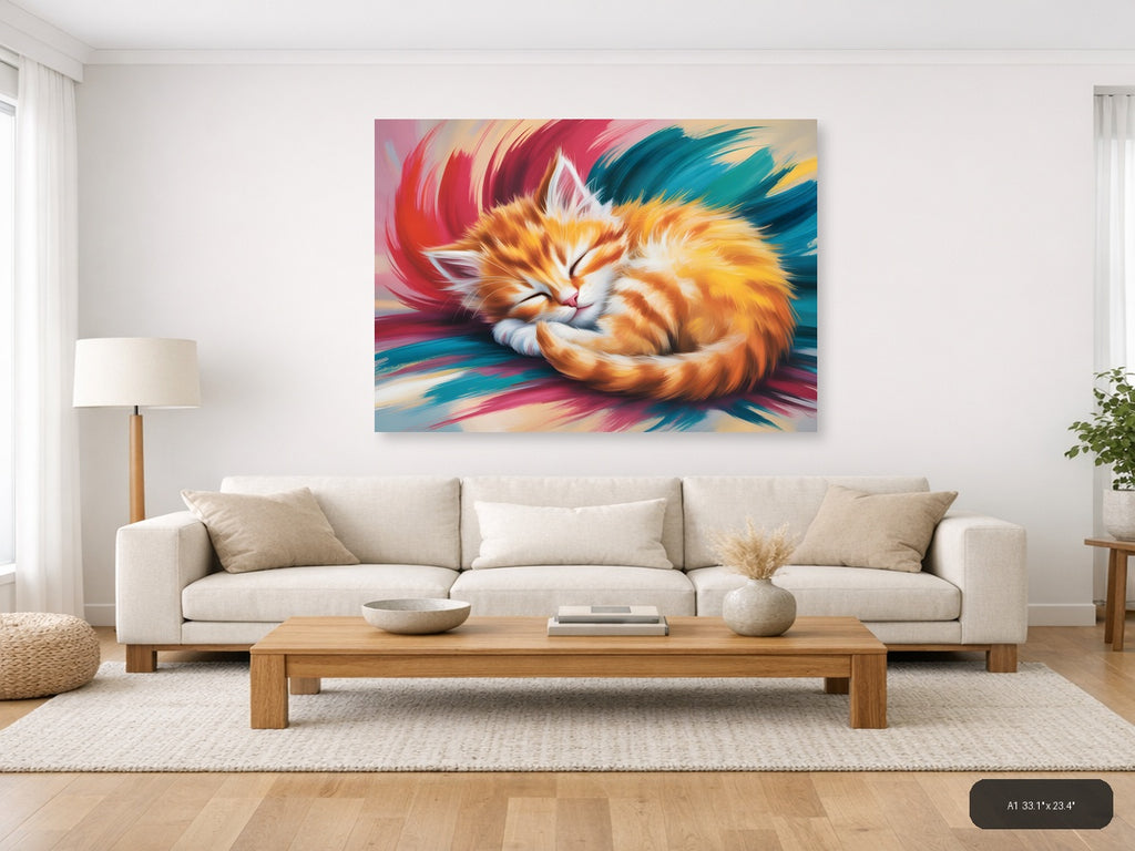 Sleeping Ginger Cat Abstract Brushstroke Wall Art — A1 / Living Room