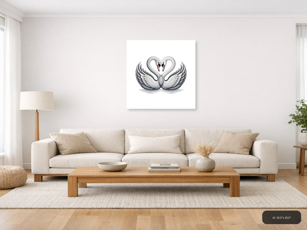 Two Swans Heart Shape Minimalist Wall Art — A2 / Living Room