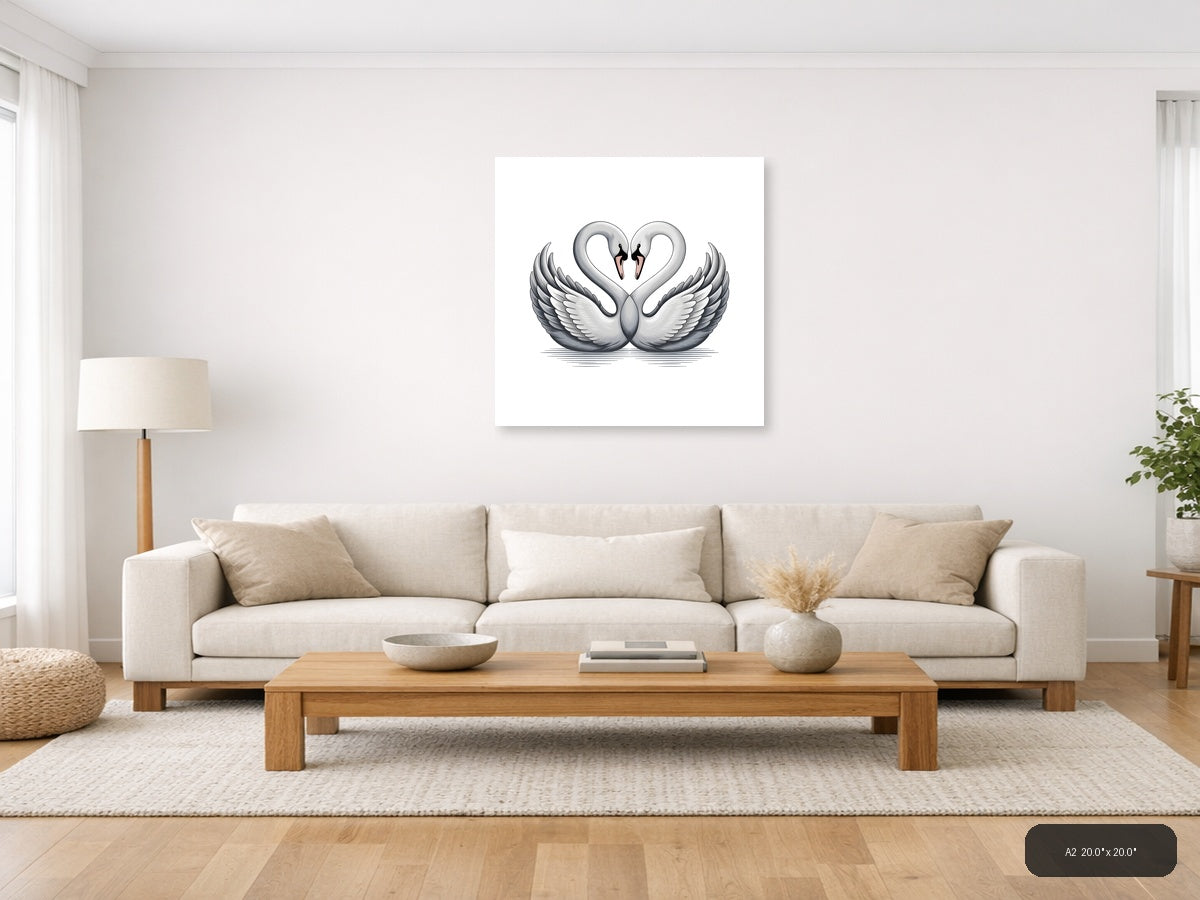 Two Swans Heart Shape Minimalist Wall Art — A2 / Living Room