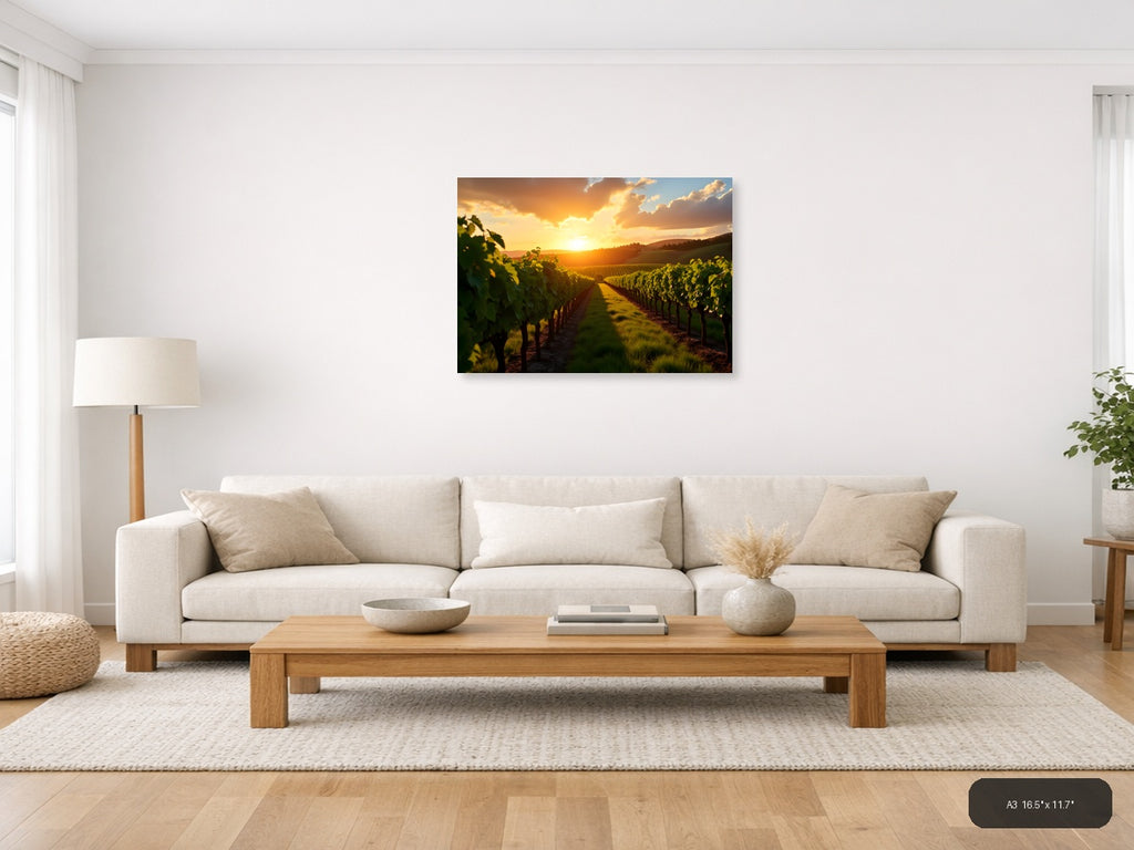 Golden Sunset Over Vineyard Rows Photography Wall Art — A3 / Living Room