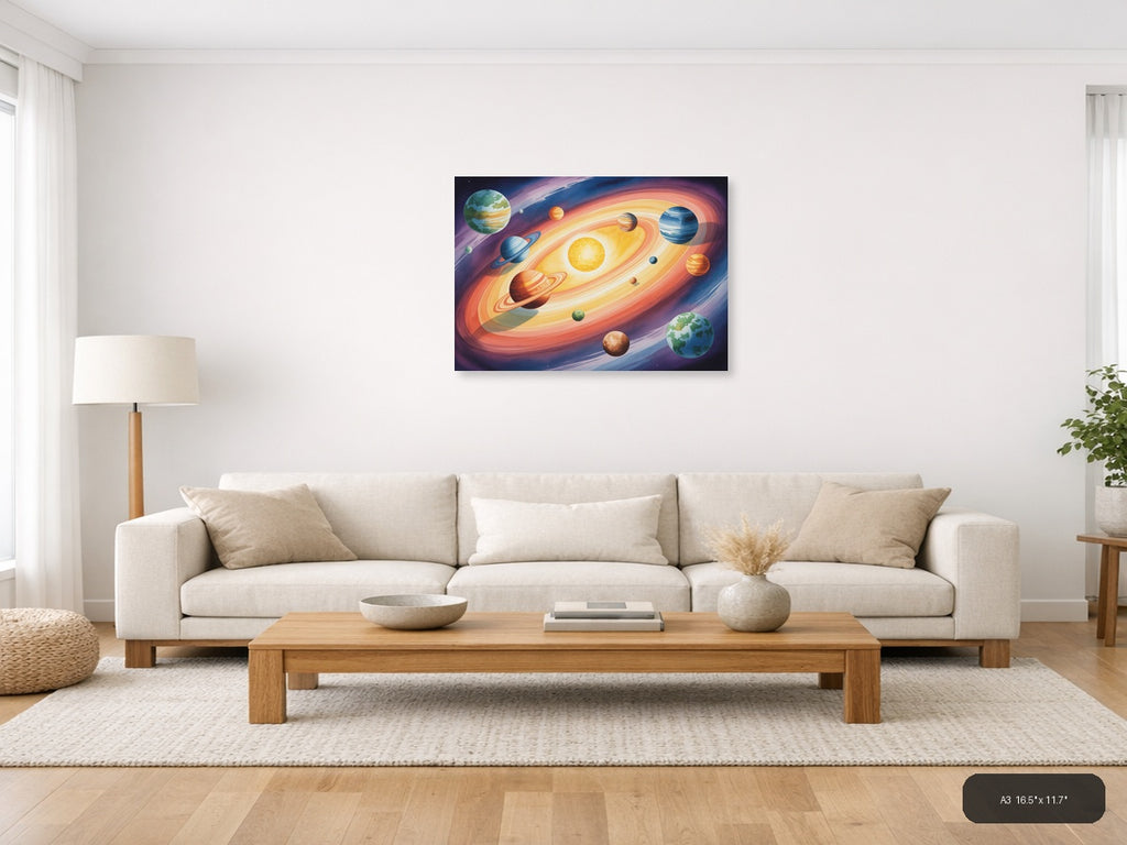 Solar System Planets Watercolor Landscape Wall Art — A3 / Living Room