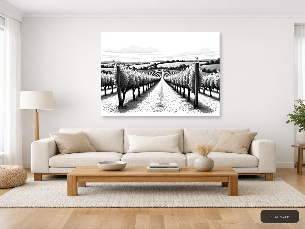 Vineyard Rows Line Art - Black & White Landscape Wall Art — A1 / Living Room