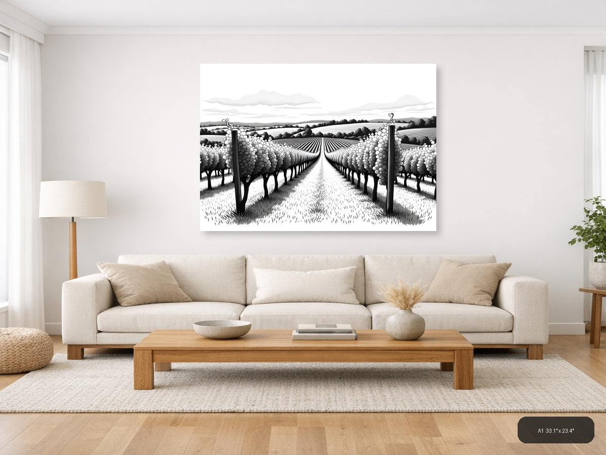 Vineyard Rows Line Art - Black & White Landscape Wall Art — A1 / Living Room