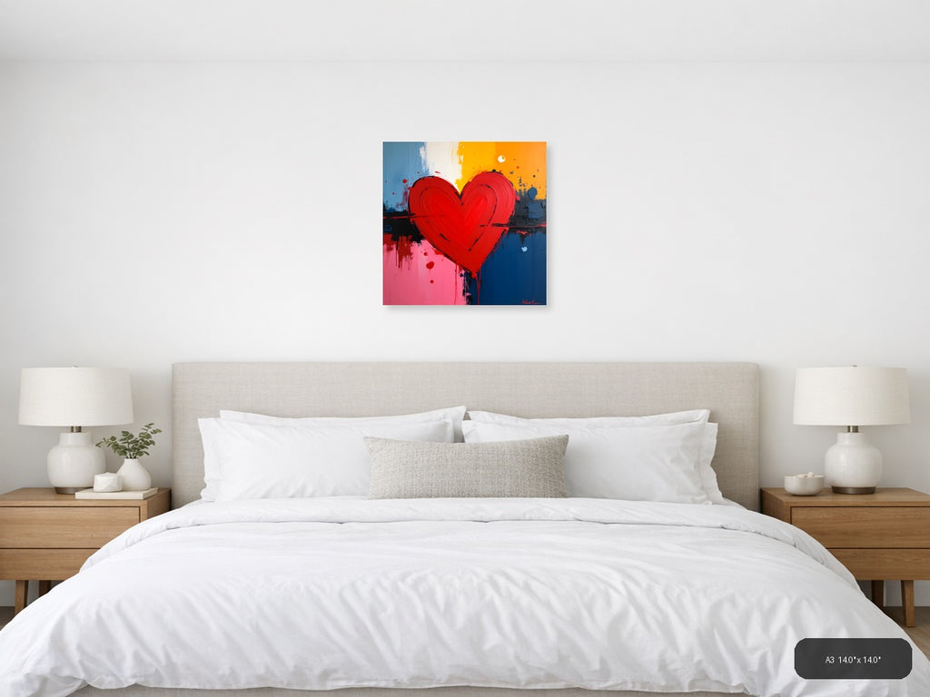 Bold Red Heart Abstract Canvas Wall Art — A3 / Bedroom