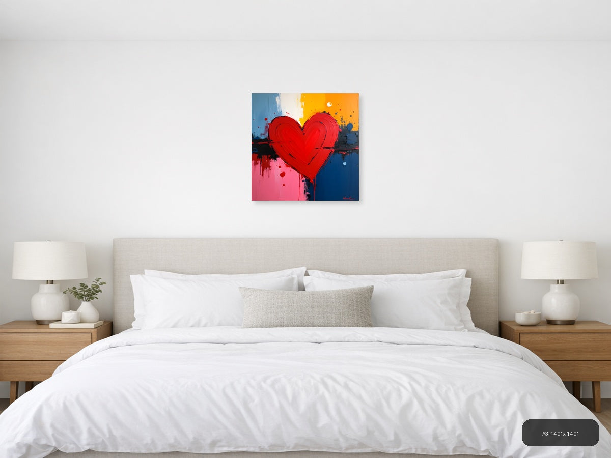 Bold Red Heart Abstract Canvas Wall Art — A3 / Bedroom