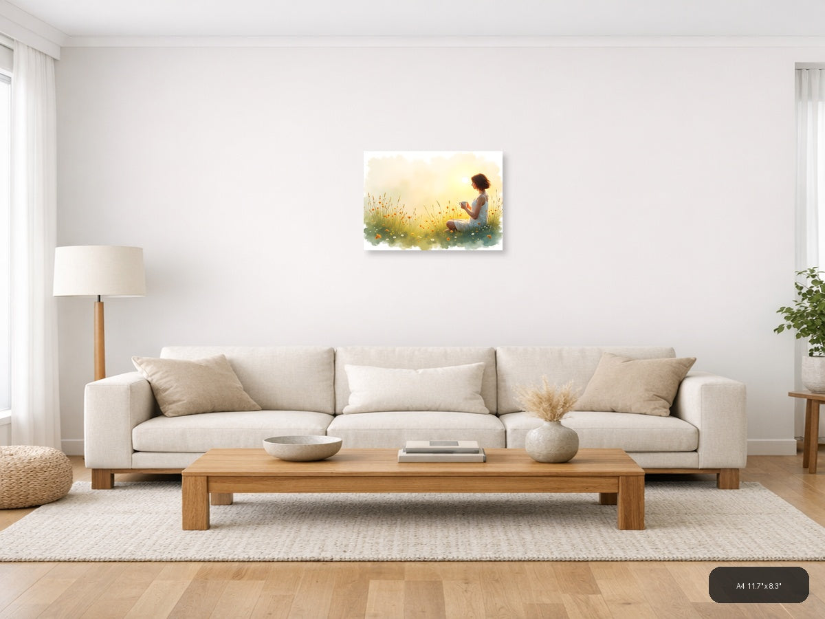 Woman in Wildflower Field at Sunrise Watercolor Wall Art — A4 / Living Room