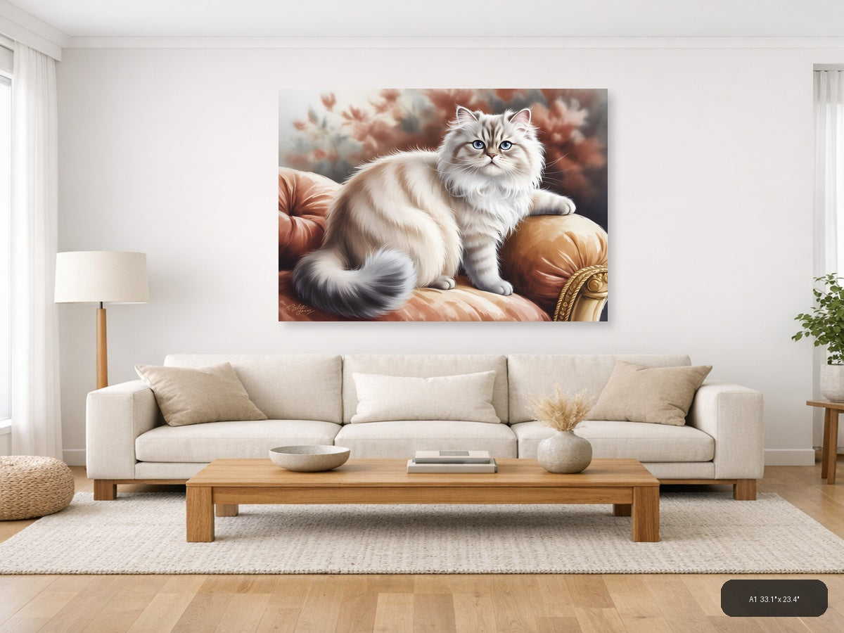 Fluffy White Cat on Red Cushion Watercolor Wall Art — A1 / Living Room