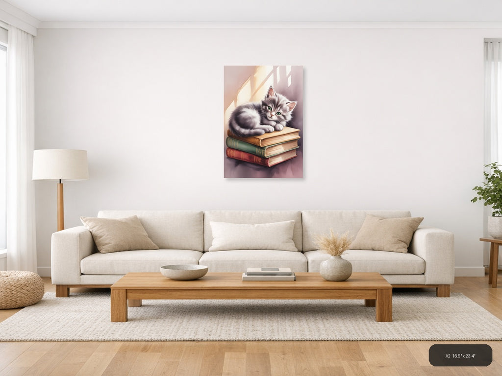 Kitten on Books Watercolor Portrait Wall Art — A2 / Living Room
