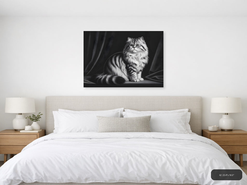 Fluffy Tabby Cat Black and White Photography Wall Art — A2 / Bedroom