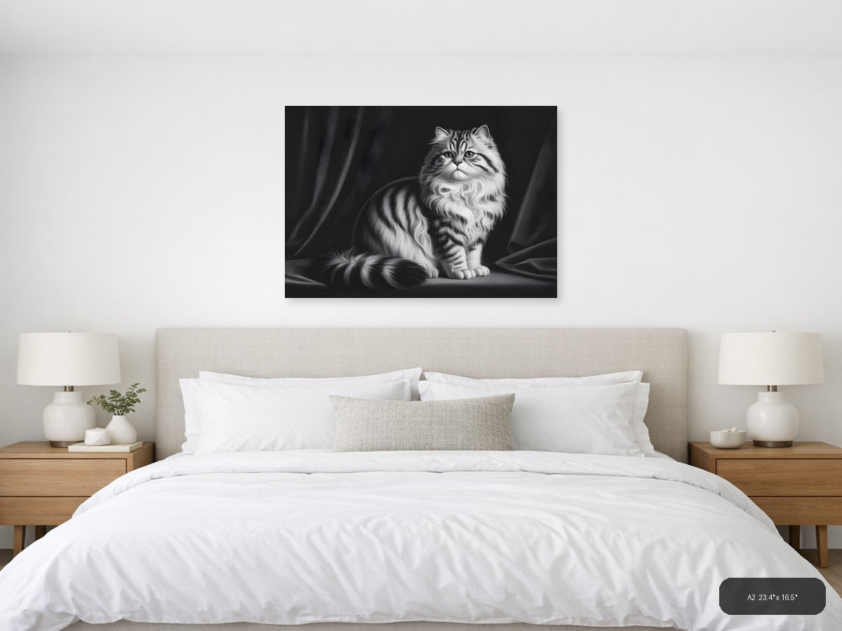 Fluffy Tabby Cat Black and White Photography Wall Art — A2 / Bedroom