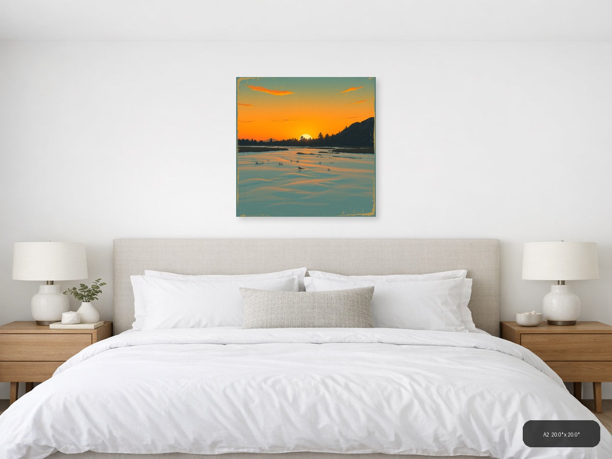 Vintage Sunset Lake Landscape with Mountains Wall Art — A2 / Bedroom
