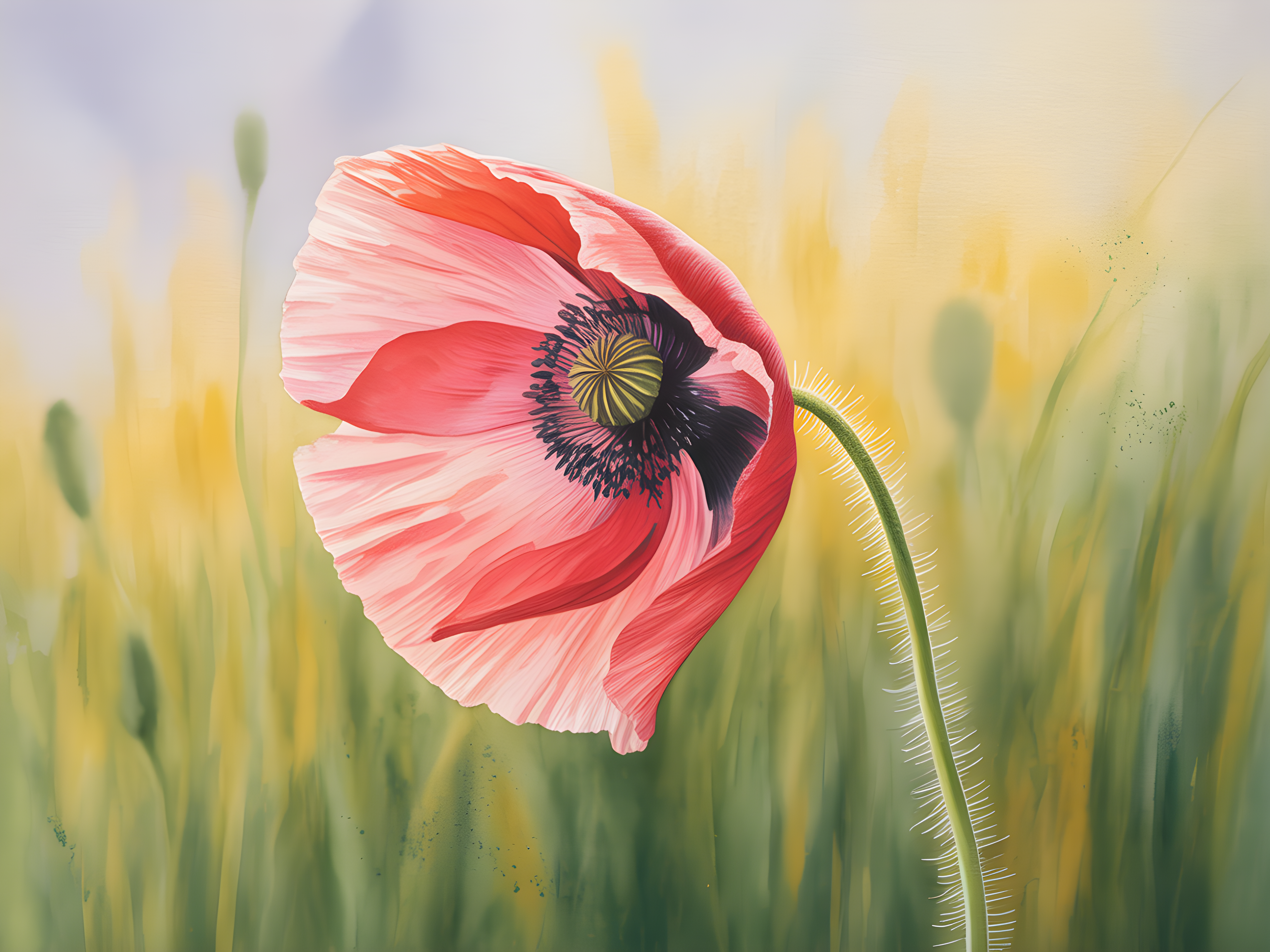 Pink Poppy Watercolor Flower Field Wall Art