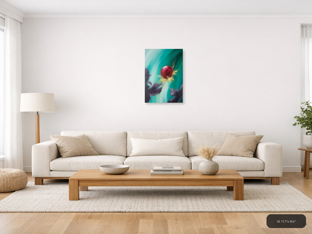 Abstract Red Sphere Turquoise Splash Modern Wall Art — A3 / Living Room