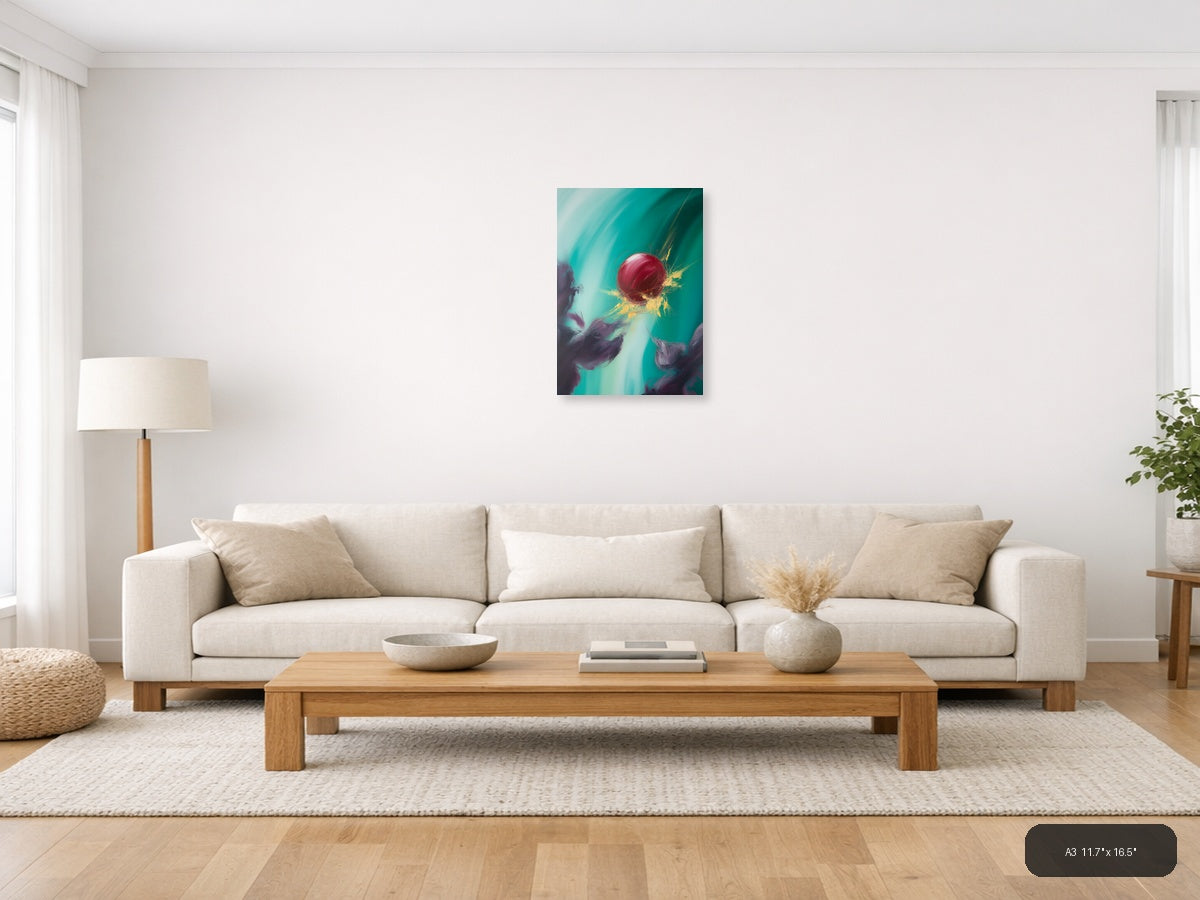 Abstract Red Sphere Turquoise Splash Modern Wall Art — A3 / Living Room