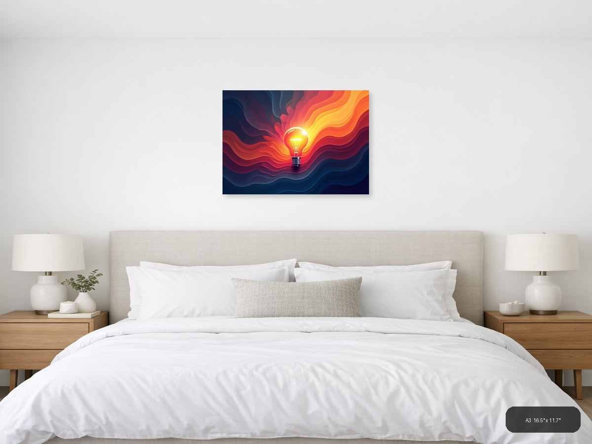 Glowing Lightbulb with Fiery Waves Abstract Art Wall Art — A3 (Bedroom)