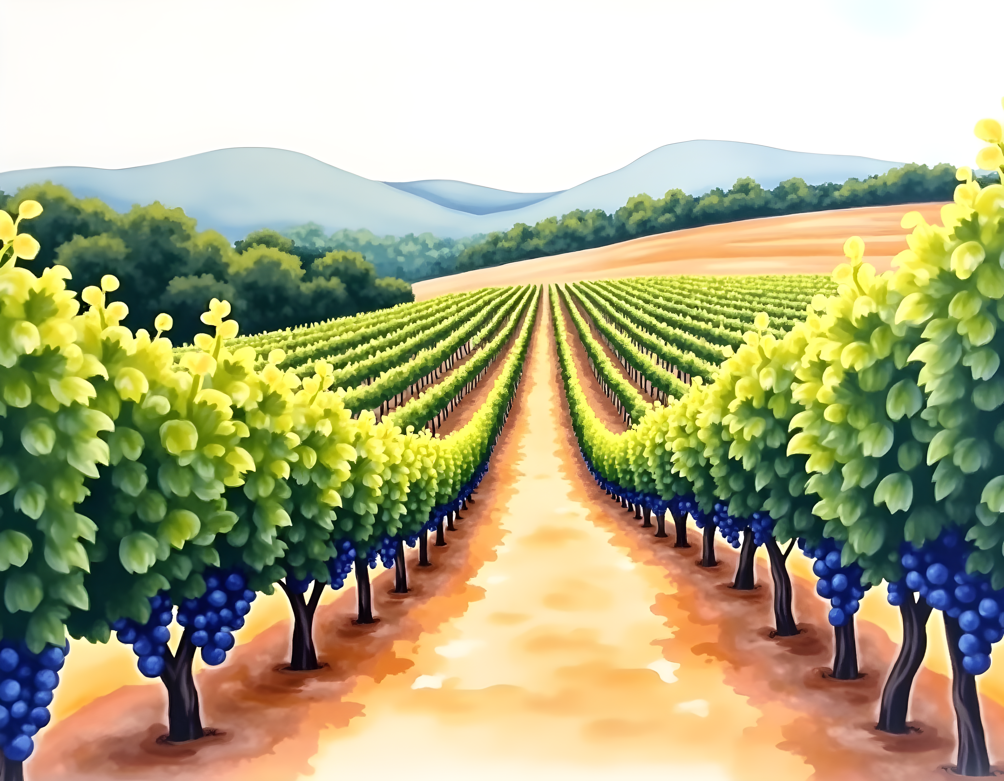 Vineyard Landscape Watercolor Wall Art