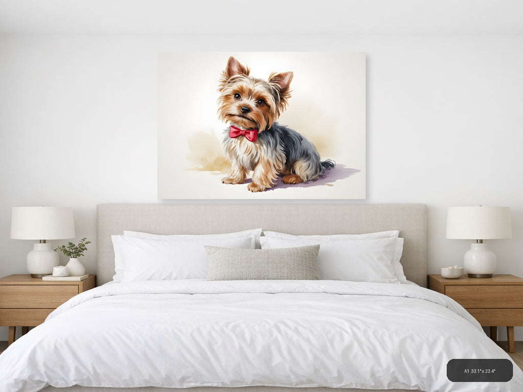 Stylish Yorkie with Pink Bow Watercolor Wall Art — A1 / Bedroom