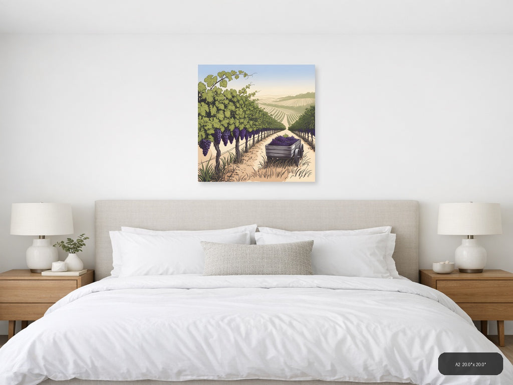 Vineyard Harvest Line Art - Purple Grapes Wine Country Wall Art — A2 / Bedroom