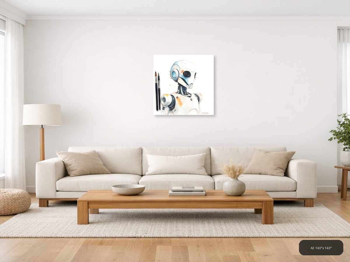 Futuristic Robot Portrait Watercolor Wall Art — A3 / Living Room