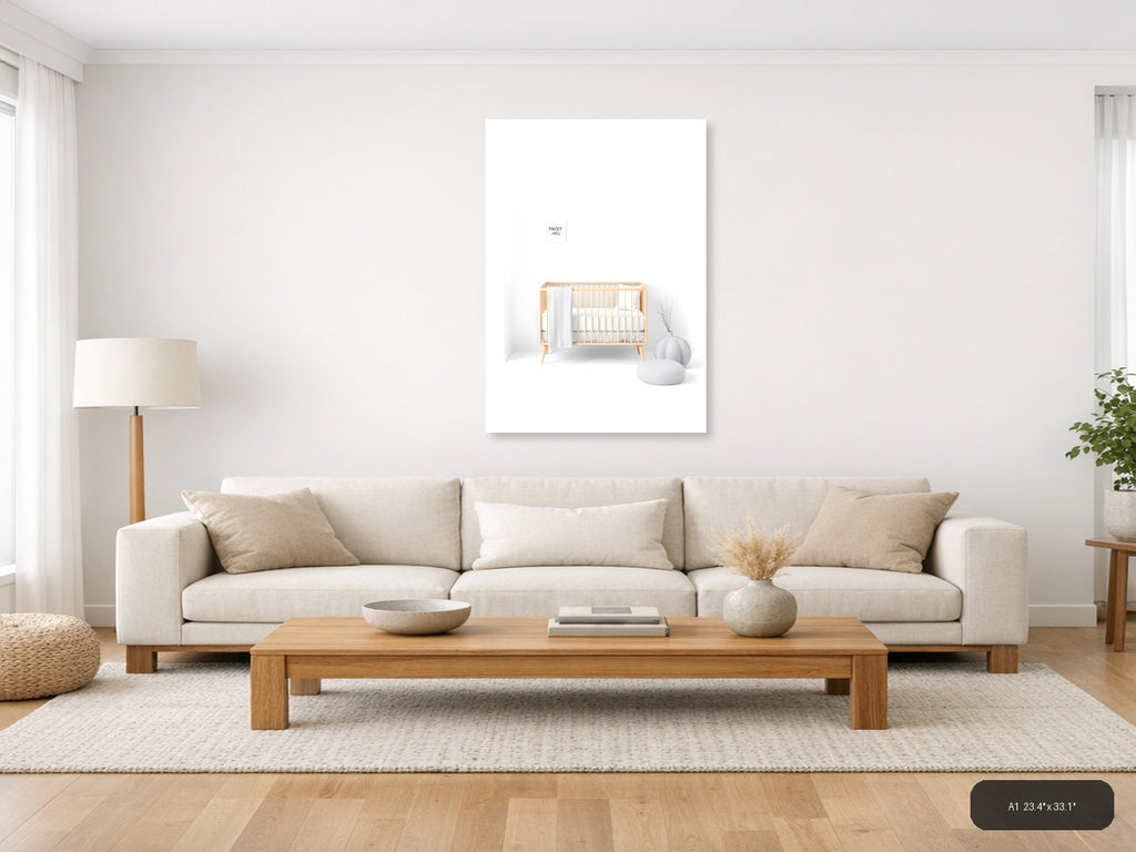 Minimalist Nursery Interior with Wooden Crib Wall Art — A1 / Living Room
