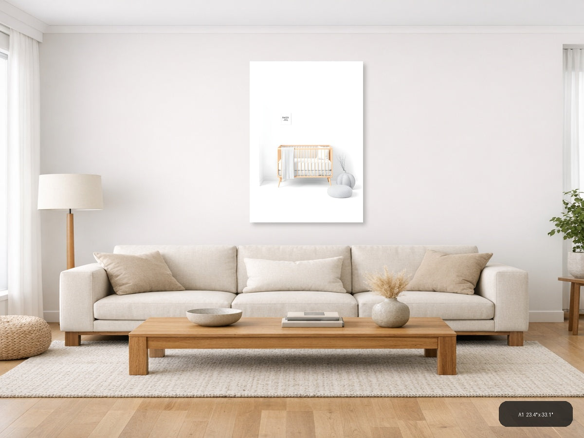 Minimalist Nursery Interior with Wooden Crib Wall Art — A1 / Living Room