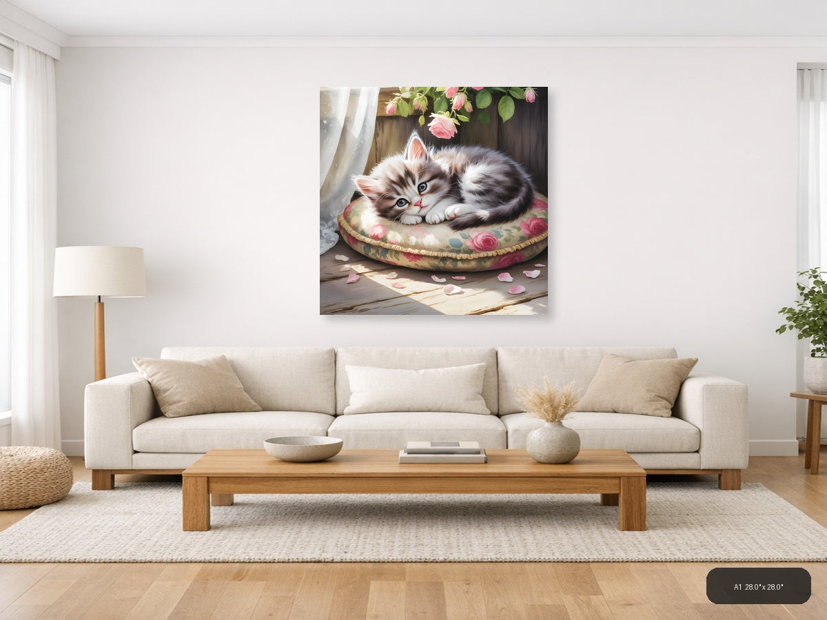 Fluffy Kitten on Floral Bed Watercolor Wall Art — A1 / Living Room