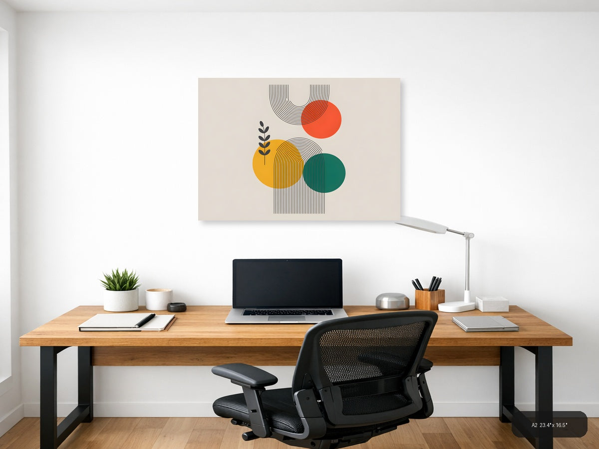 Abstract Line Art with Geometric Circles & Botanical Leaf Wall Art — A2 / Office