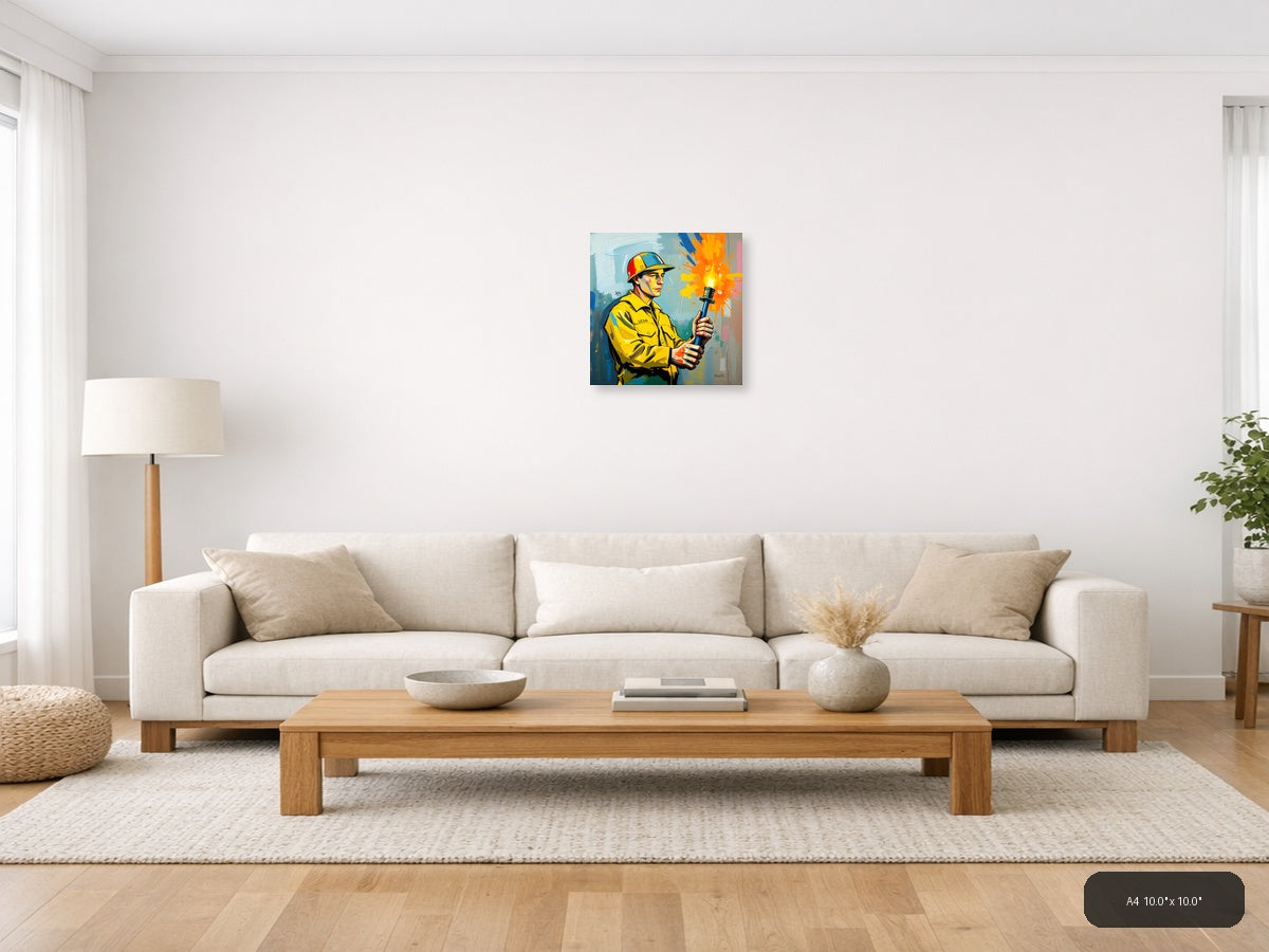 Firefighter with Torch Abstract Modern Wall Art — A4 / Living Room