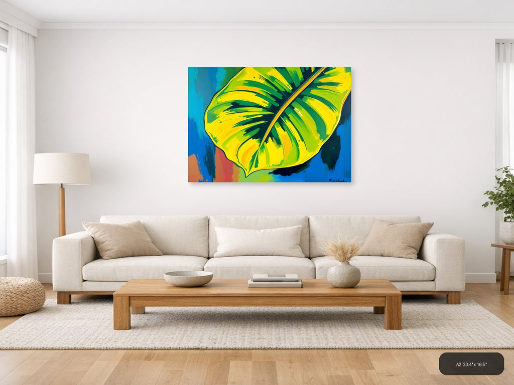 Abstract Tropical Banana Leaves Yellow Green Wall Art — A2 / Living Room
