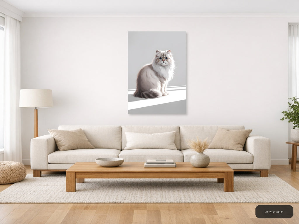 Fluffy White Cat with Blue Eyes Minimalist Wall Art — A1 / Living Room