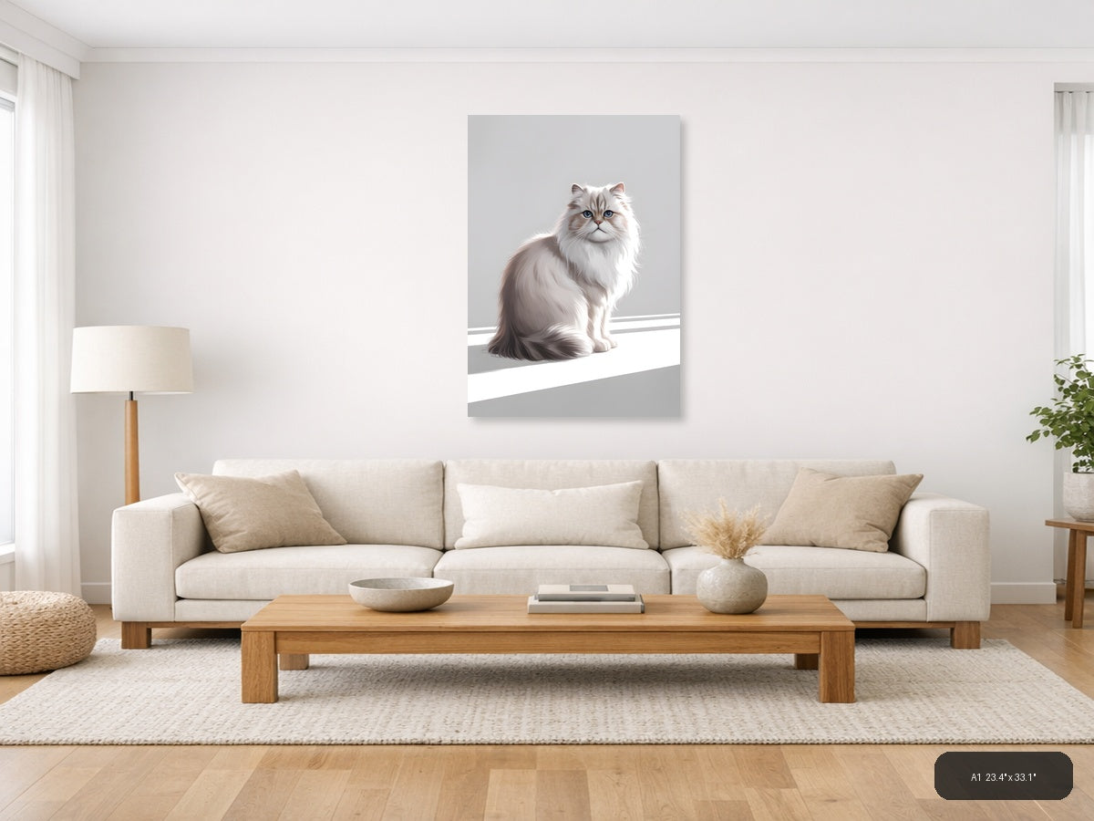 Fluffy White Cat with Blue Eyes Minimalist Wall Art — A1 / Living Room