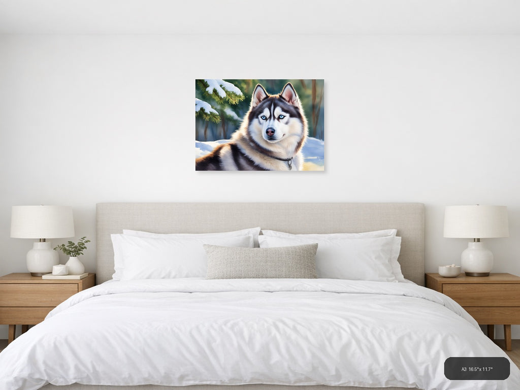 Siberian Husky Blue Eyes Winter Forest Watercolor Wall Art — A3 / Bedroom