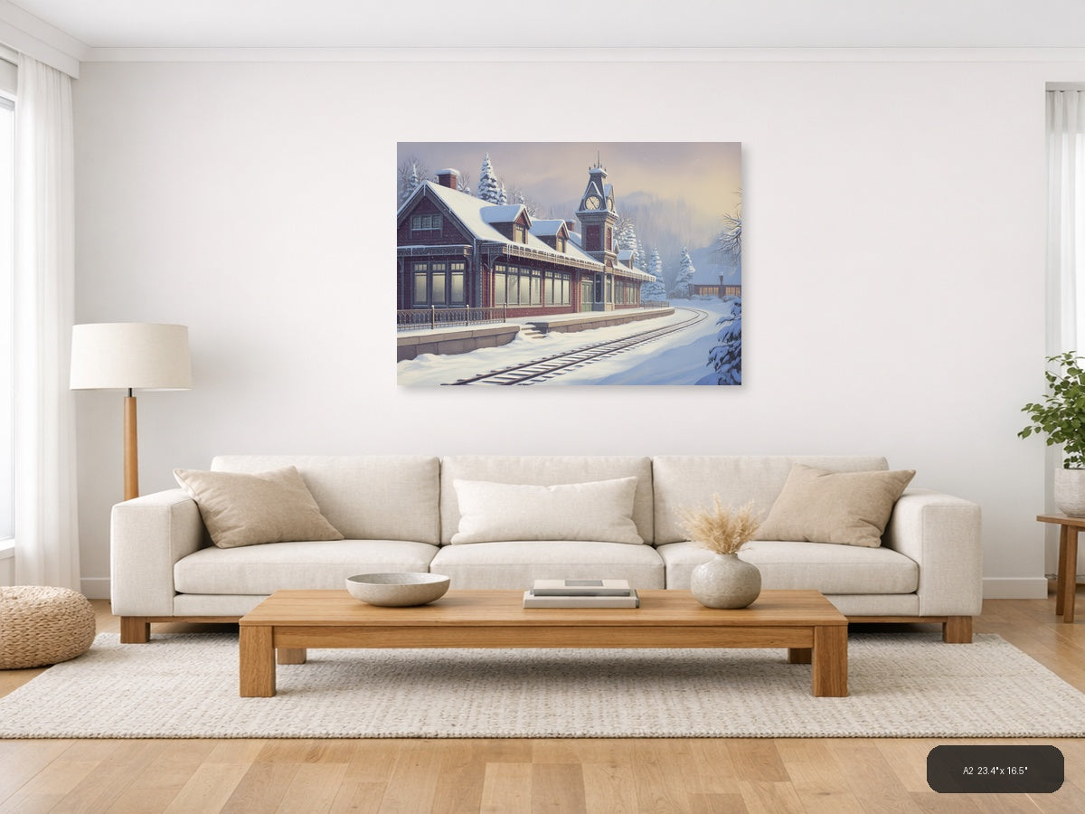 Vintage Snow-Covered Railway Station Clock Tower Wall Art — A2 / Living Room