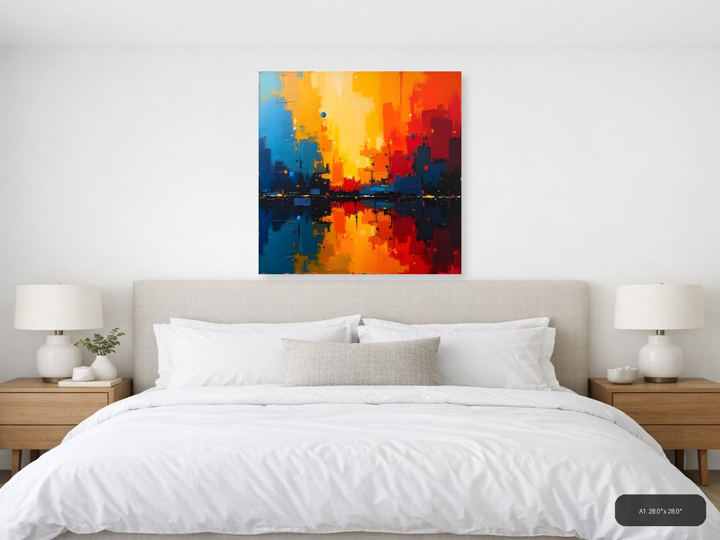 Abstract Cityscape Sunset Reflection Orange Blue Wall Art — A1 / Bedroom