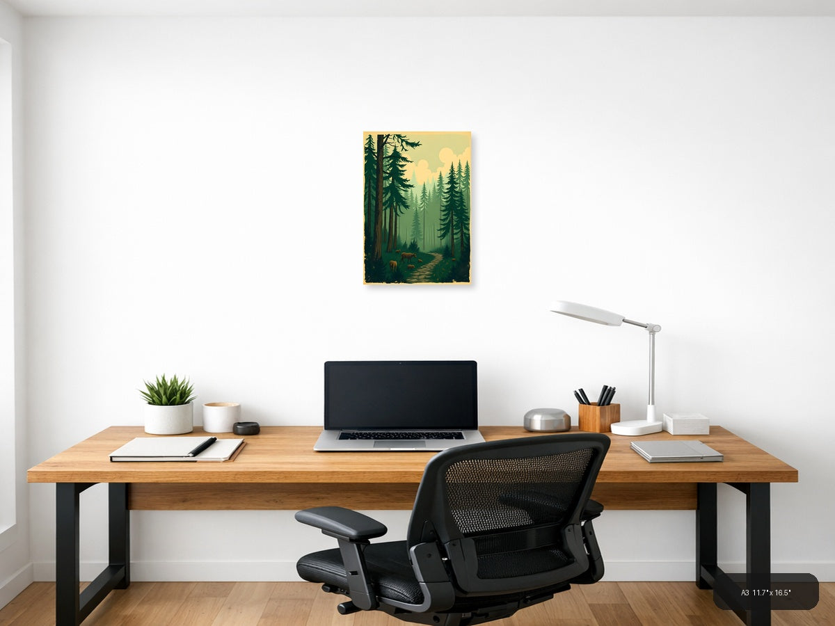 Vintage Forest Path with Deer - Evergreen Trees Wall Art — A3 / Office