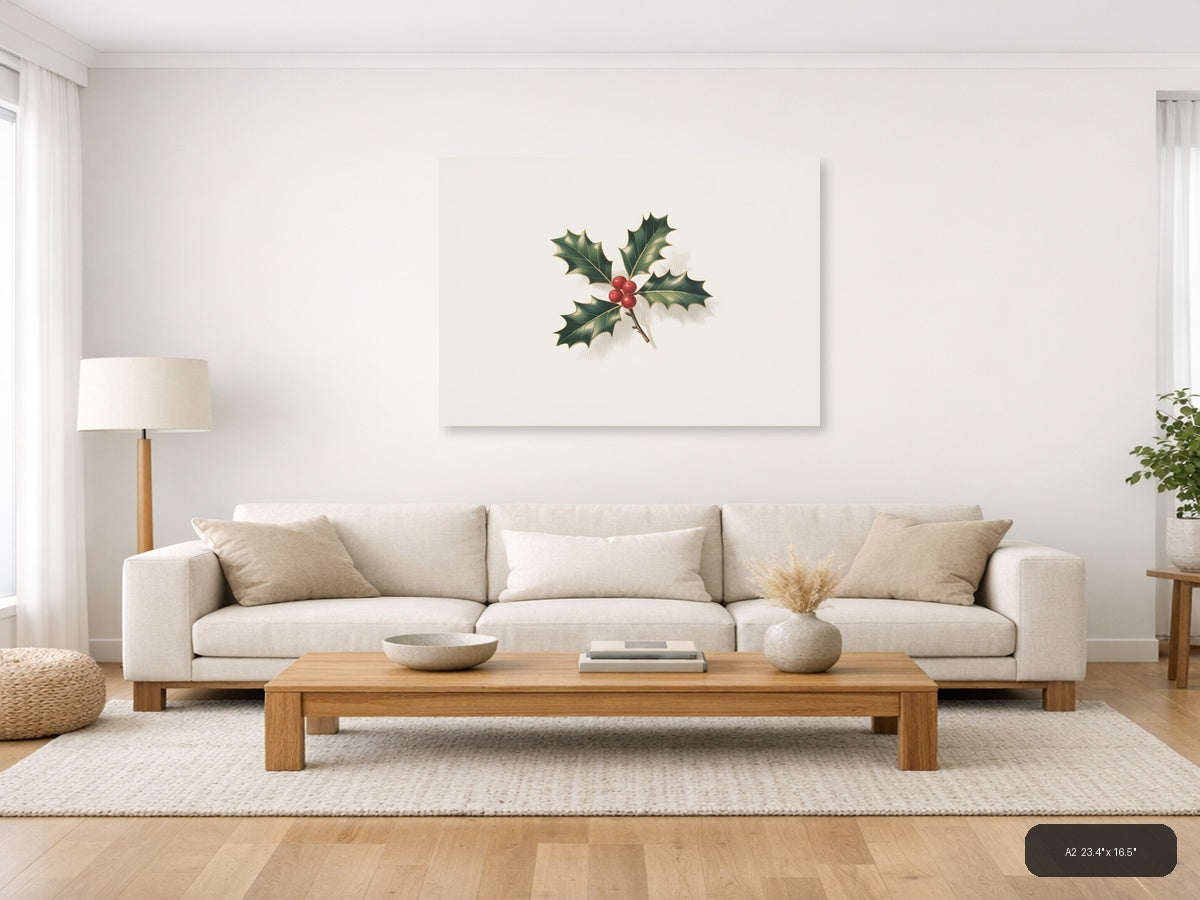 Holly Leaves and Red Berries Minimalist Wall Art — A2 / Living Room