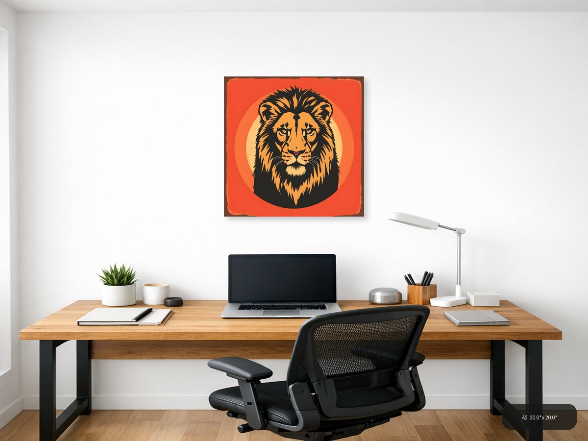 Vintage Lion Head Portrait Orange Wall Art — A2 / Office