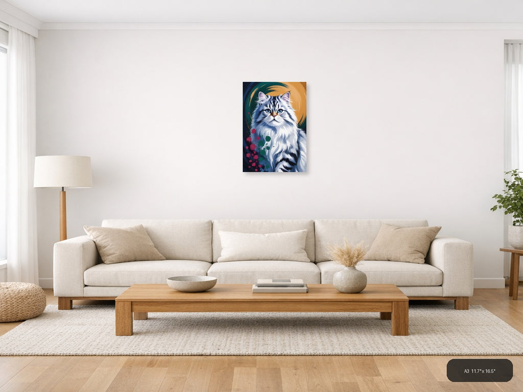 Blue-Eyed White Cat Abstract Portrait Wall Art — A3 / Living Room