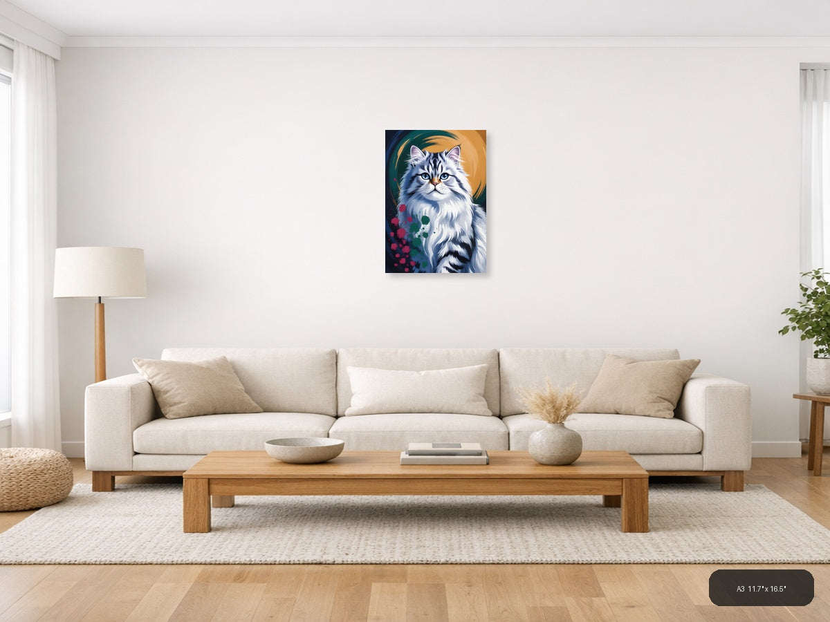 Blue-Eyed White Cat Abstract Portrait Wall Art — A3 / Living Room