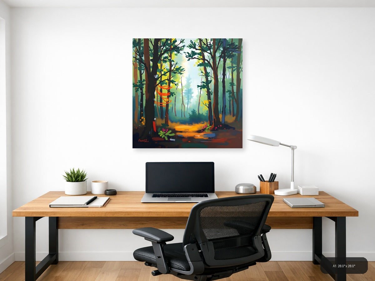 Abstract Forest Path with Orange Light - Modern Wall Art — A1 / Office