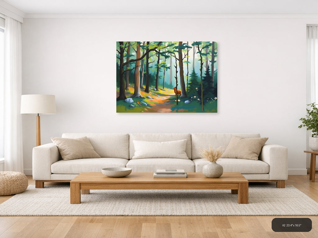 Forest Path with Red Fox - Abstract Landscape Wall Art — A2 / Living Room