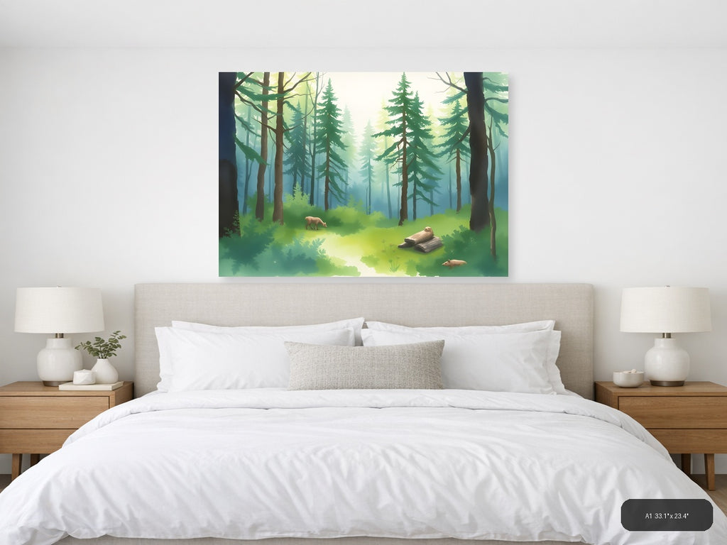 Misty Forest Stream with Wildlife Watercolor Wall Art — A1 / Bedroom