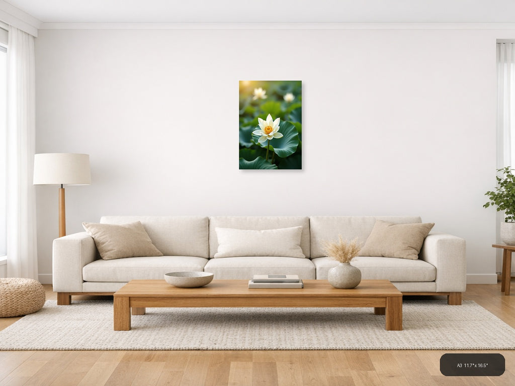 White Lotus Flower Botanical Portrait Wall Art — A3 / Living Room